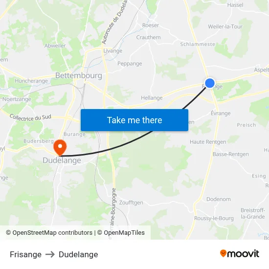 Frisange to Dudelange map
