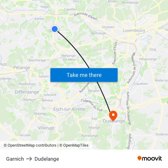 Garnich to Dudelange map