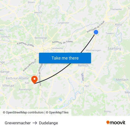 Grevenmacher to Dudelange map