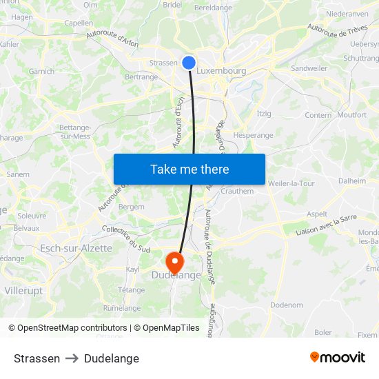 Strassen to Dudelange map
