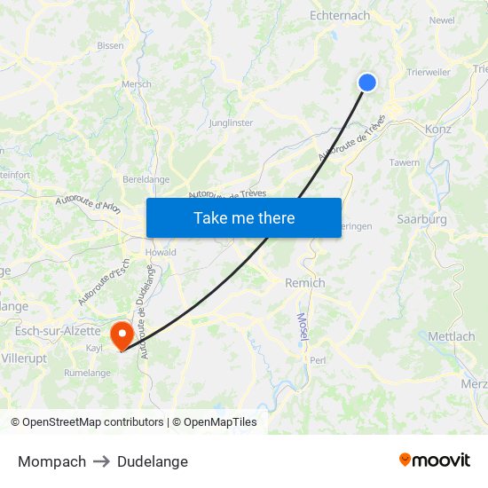 Mompach to Dudelange map