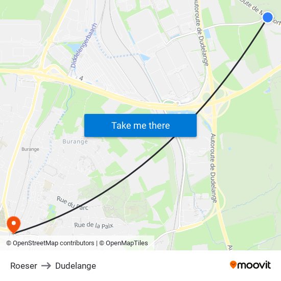 Roeser to Dudelange map