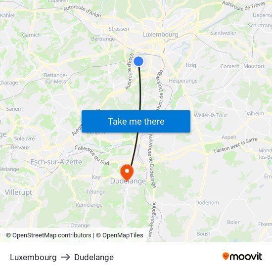 Luxembourg to Dudelange map