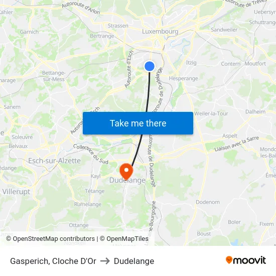 Gasperich, Cloche D'Or to Dudelange map