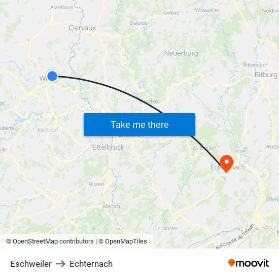 Eschweiler to Echternach map
