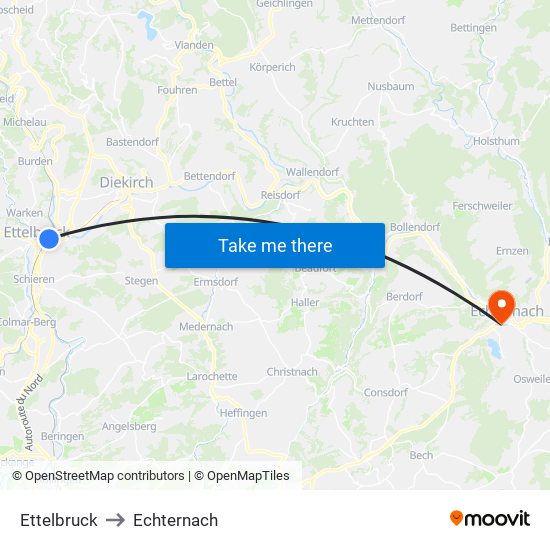 Ettelbruck to Echternach map