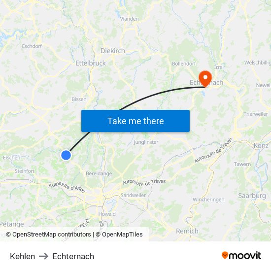 Kehlen to Echternach map