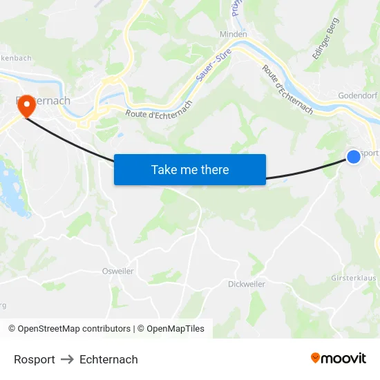 Rosport to Echternach map