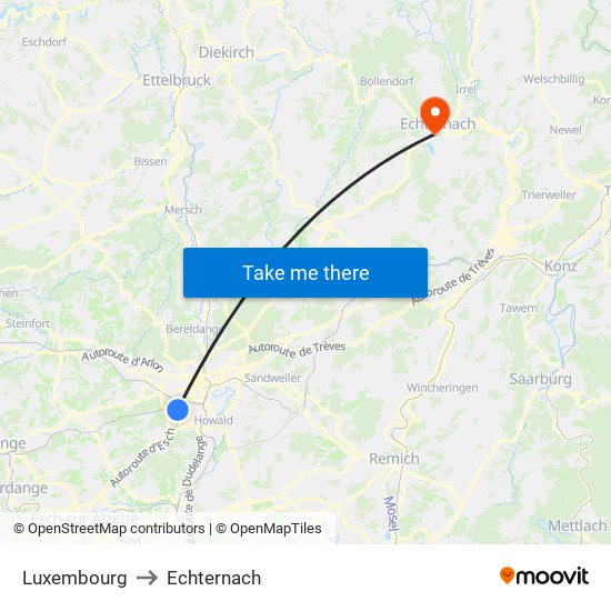 Luxembourg to Echternach map