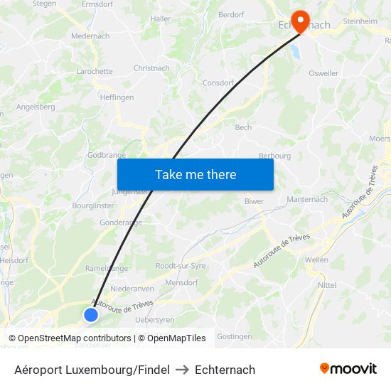 Aéroport Luxembourg/Findel to Echternach map