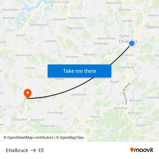 Ettelbruck to Ell map