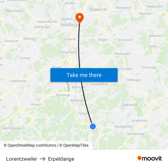 Lorentzweiler to Erpeldange map