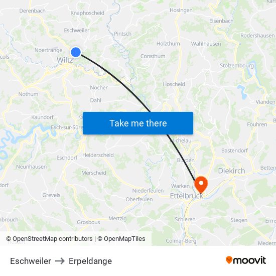 Eschweiler to Erpeldange map