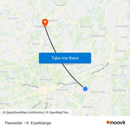Flaxweiler to Erpeldange map