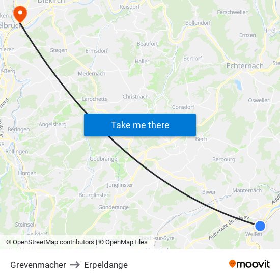 Grevenmacher to Erpeldange map