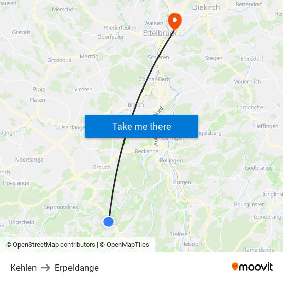 Kehlen to Erpeldange map
