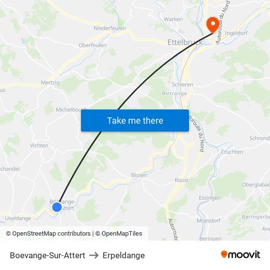 Boevange-Sur-Attert to Erpeldange map