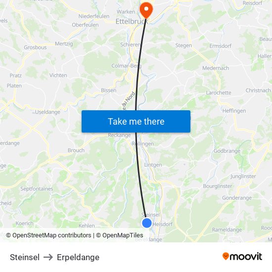 Steinsel to Erpeldange map