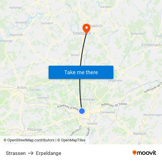 Strassen to Erpeldange map