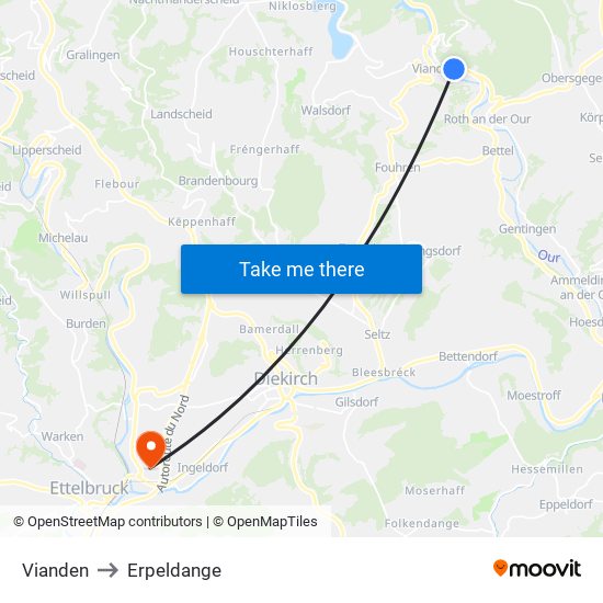 Vianden to Erpeldange map