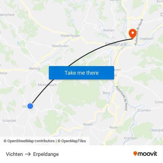 Vichten to Erpeldange map