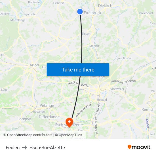 Feulen to Esch-Sur-Alzette map