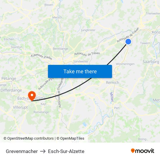 Grevenmacher to Esch-Sur-Alzette map