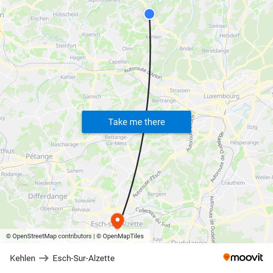 Kehlen to Esch-Sur-Alzette map