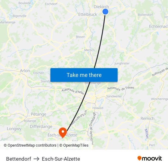 Bettendorf to Esch-Sur-Alzette map