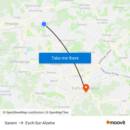 Sanem to Esch-Sur-Alzette map