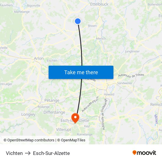 Vichten to Esch-Sur-Alzette map