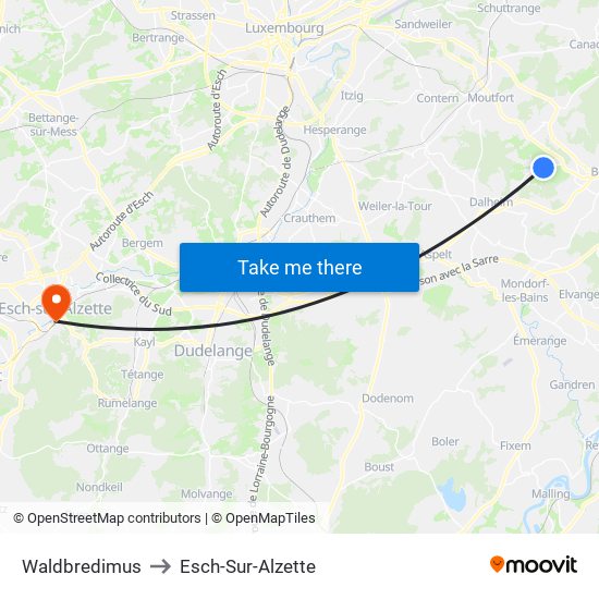 Waldbredimus to Esch-Sur-Alzette map