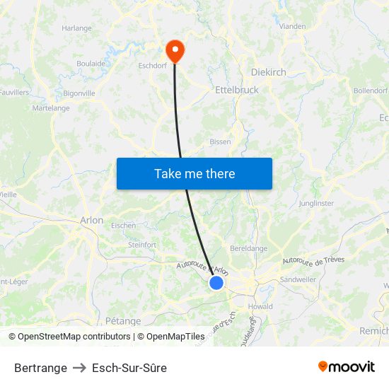 Bertrange to Esch-Sur-Sûre map