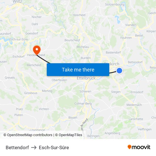Bettendorf to Esch-Sur-Sûre map