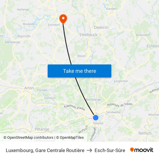Luxembourg, Gare Centrale Routière to Esch-Sur-Sûre map