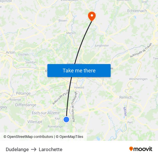 Dudelange to Larochette map