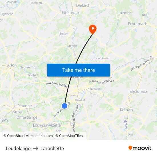 Leudelange to Larochette map