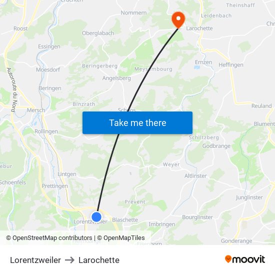Lorentzweiler to Larochette map