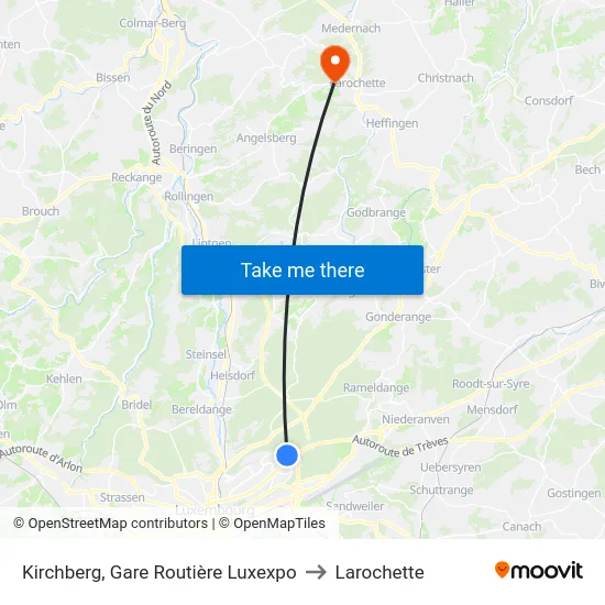 Kirchberg, Gare Routière Luxexpo to Larochette map