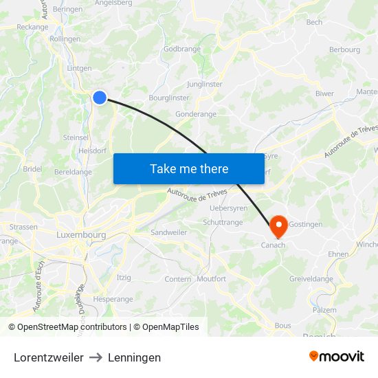 Lorentzweiler to Lenningen map