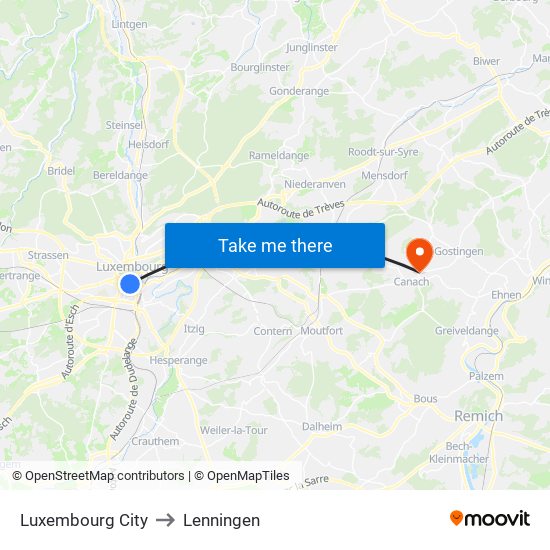 Luxembourg City to Lenningen map