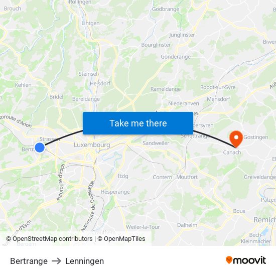 Bertrange to Lenningen map