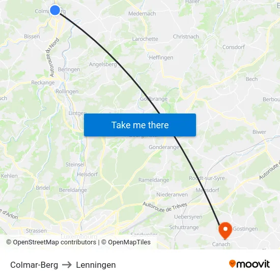 Colmar-Berg to Lenningen map