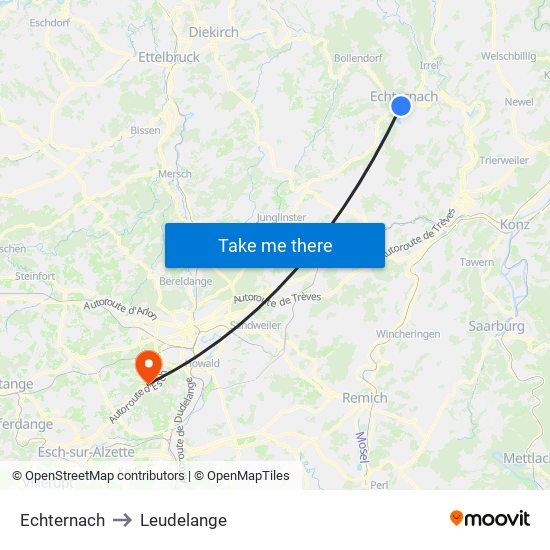 Echternach to Leudelange map