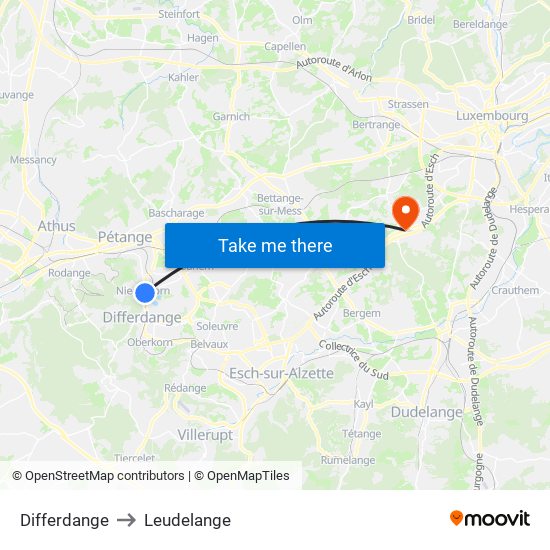 Differdange to Leudelange map