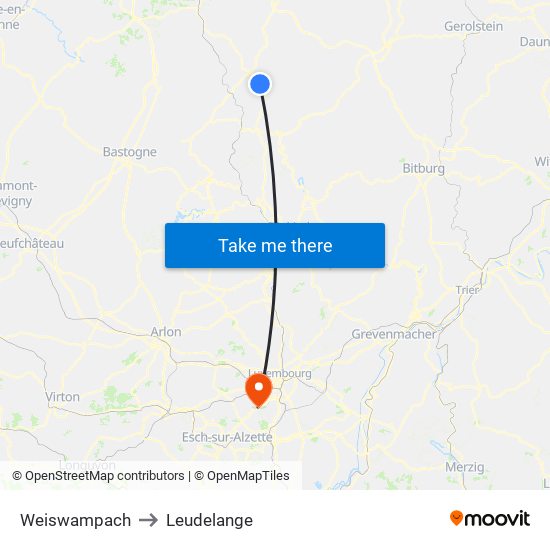 Weiswampach to Leudelange map