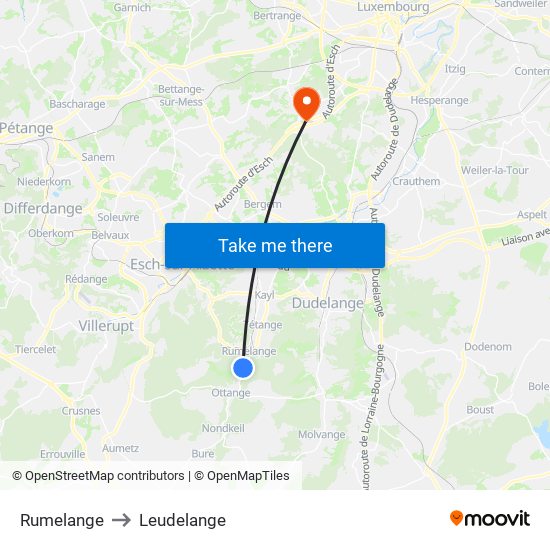 Rumelange to Leudelange map