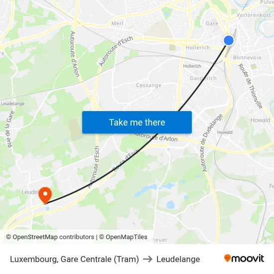 Luxembourg, Gare Centrale (Tram) to Leudelange map