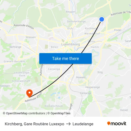 Kirchberg, Gare Routière Luxexpo to Leudelange map