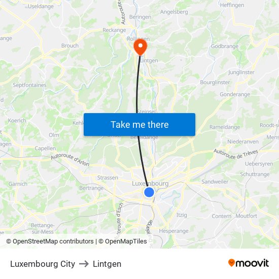 Luxembourg City to Lintgen map